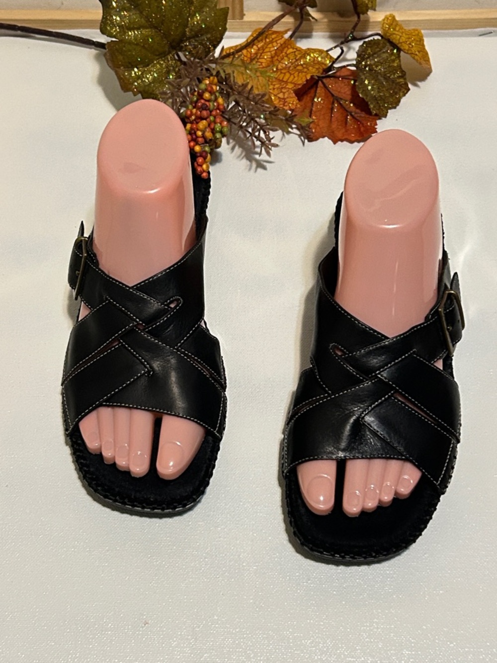 Black Leather Crossover Buckle Slide Sandals - Women